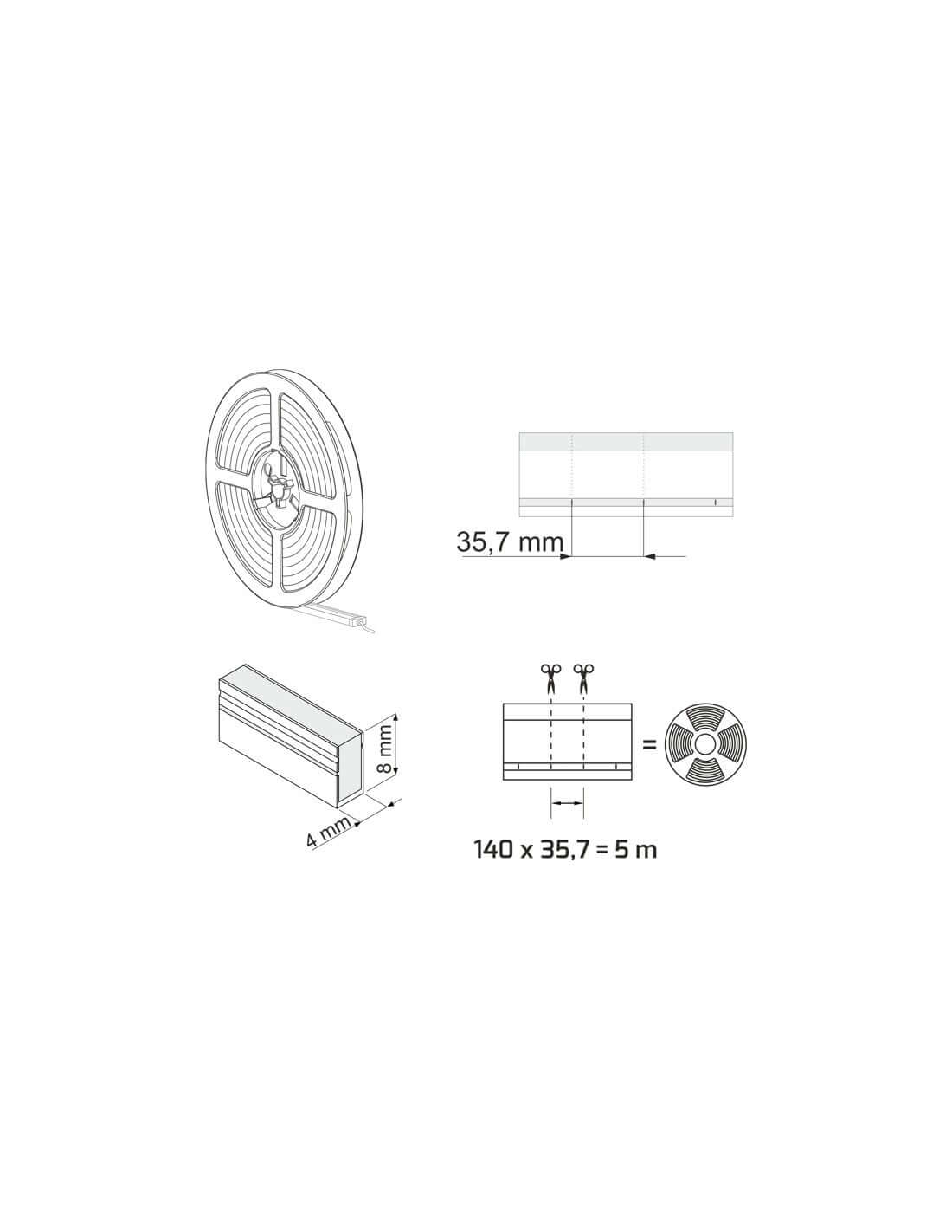 Kosteussuojattu LED-valonauha 24V - tekniset tiedot, 4 x 8 mm, 25 m, IP67 suojaluokitus