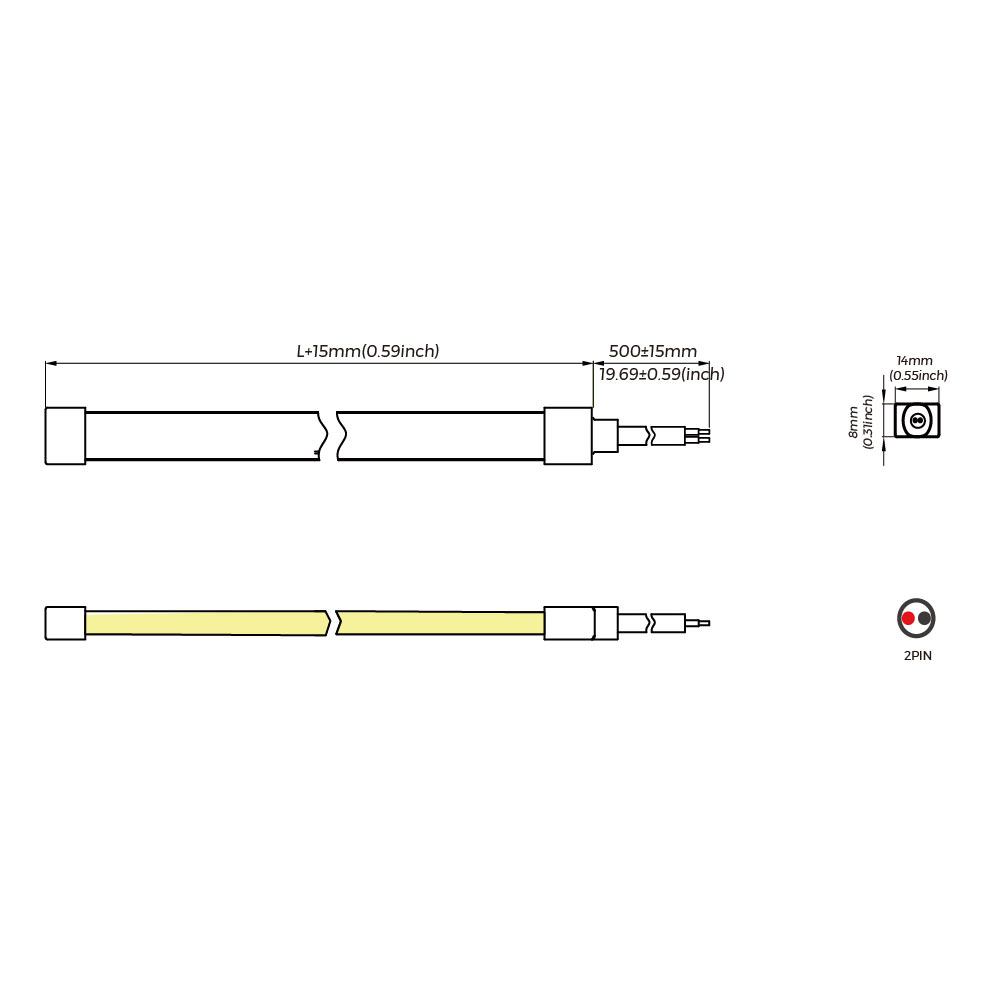 NEON STRIP 0612 - 24V LED-valonauha mitat ja liittimet; IP65 kosteussuojattu LED-valonauha.
