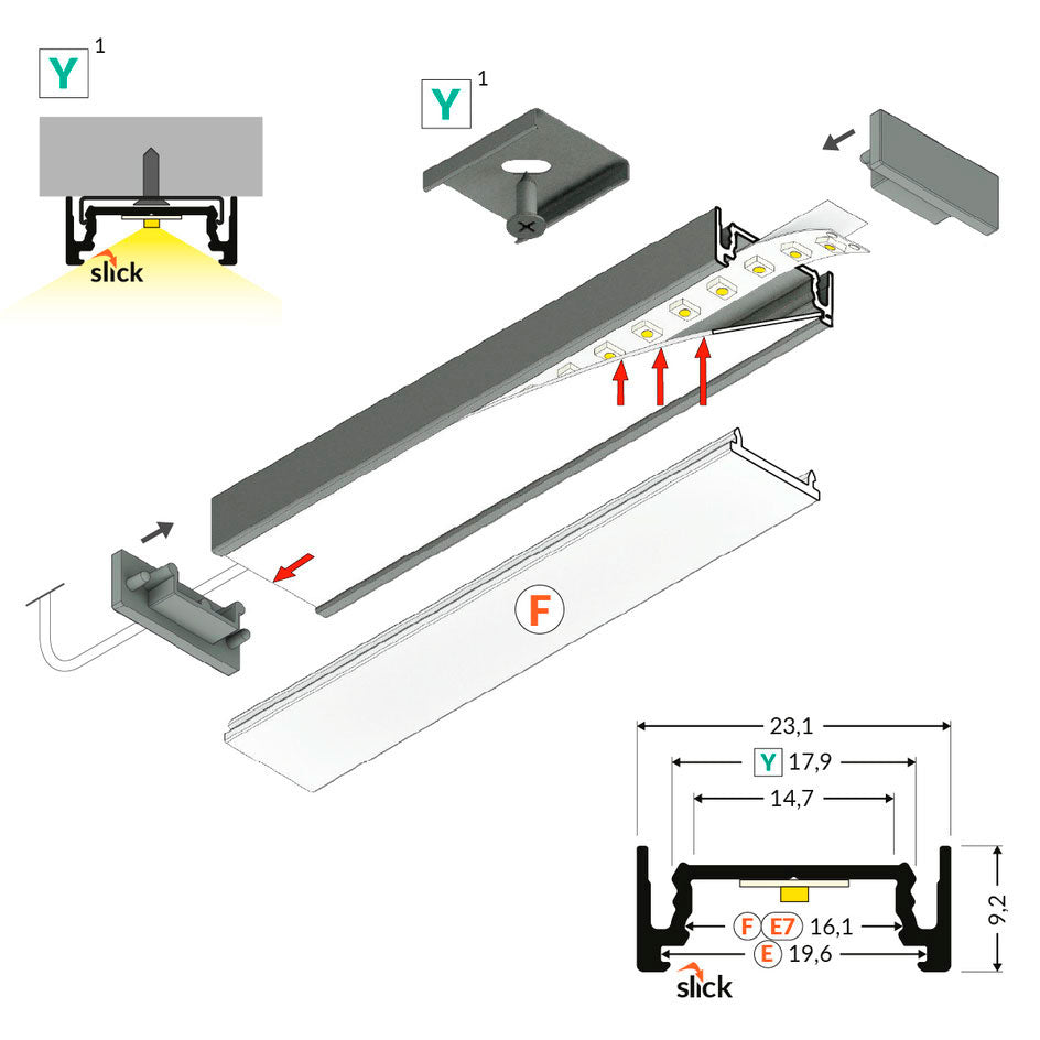 PINTA14.v2 LED-profiilisetti anodisoitu asennuspiirros, rakenne ja mitat LED-profiilin osista.