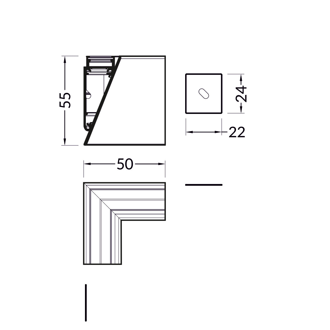 SEINÄ12 LED-profiilin kulmapala tekninen piirros, 90° kulmapala sisäkulmaan, mitat 55x50mm.