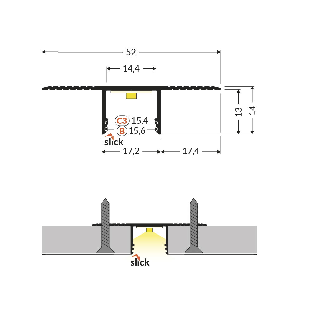 SIIPI14-IN TRIMLESS LED-alumiiniprofiilin mitat, 2m malli, epäsuora valaistus.