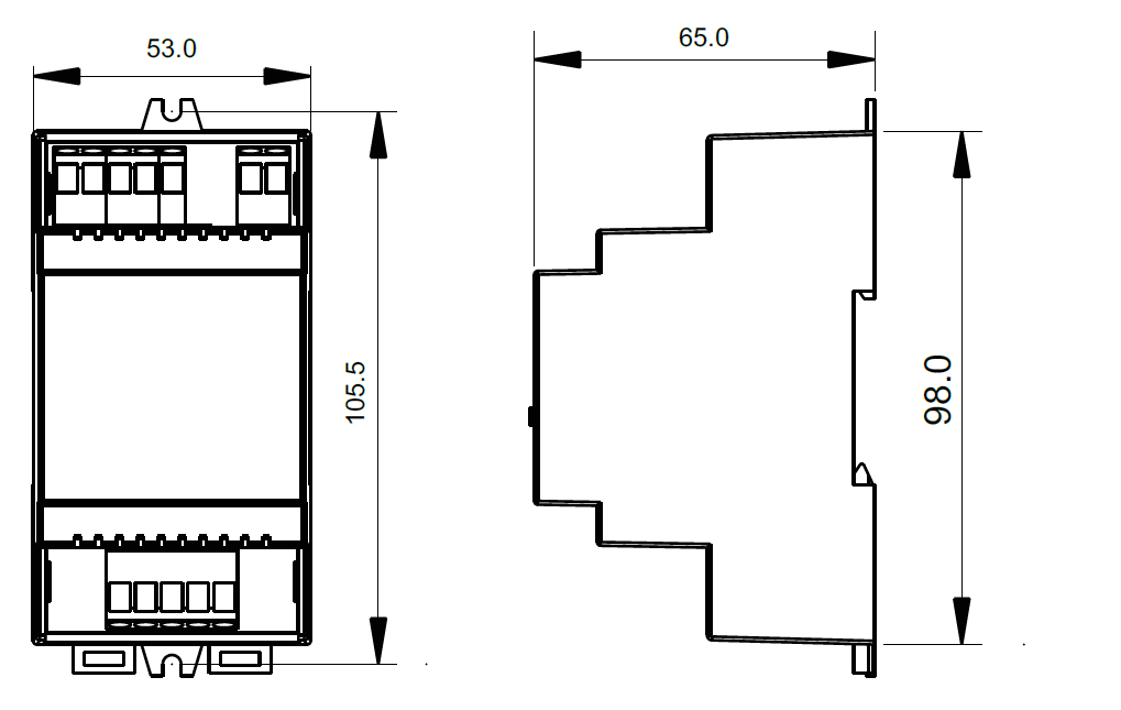Virtatoistin DIN-kiskoon asennettava LED-virtatoistin 4 kanavaa, mitat 53x105.5x98 mm, tarkkuuskuva