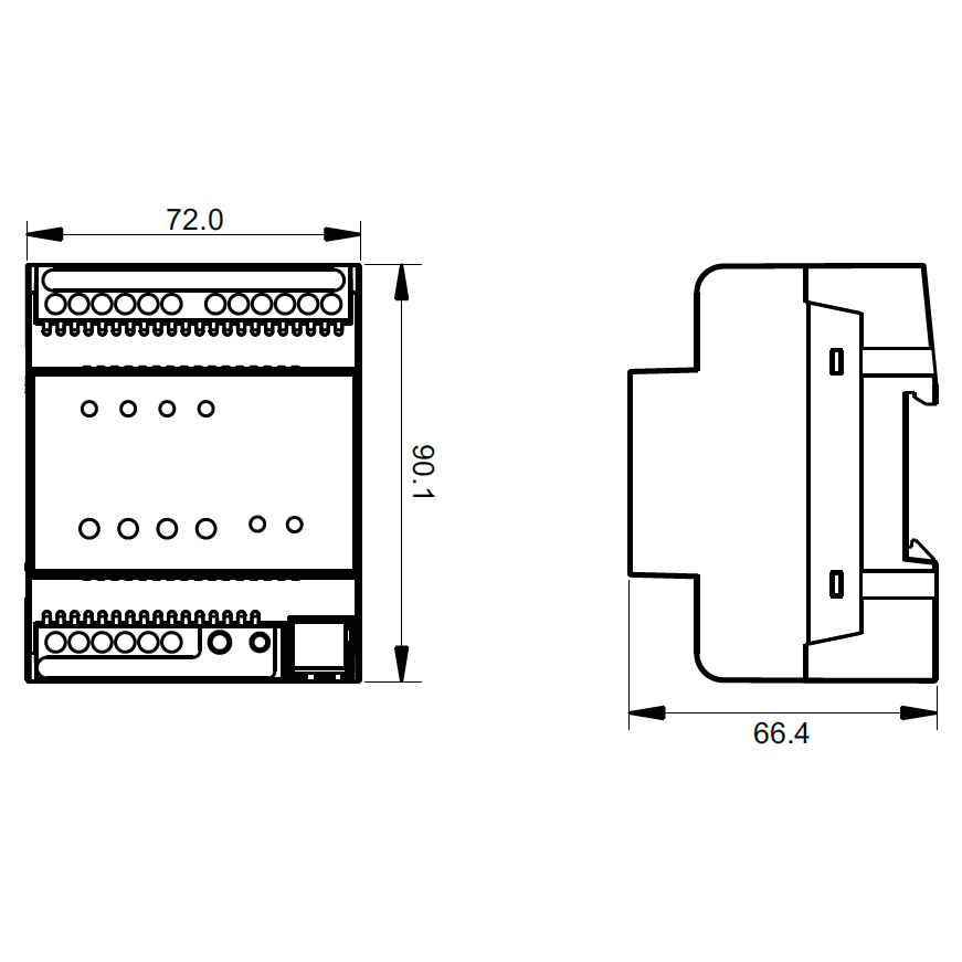 KNX RGBW ohjain 4 kanavaa, mitat: 72x90.1x66.4 mm, sopii DIN-kiskoon.