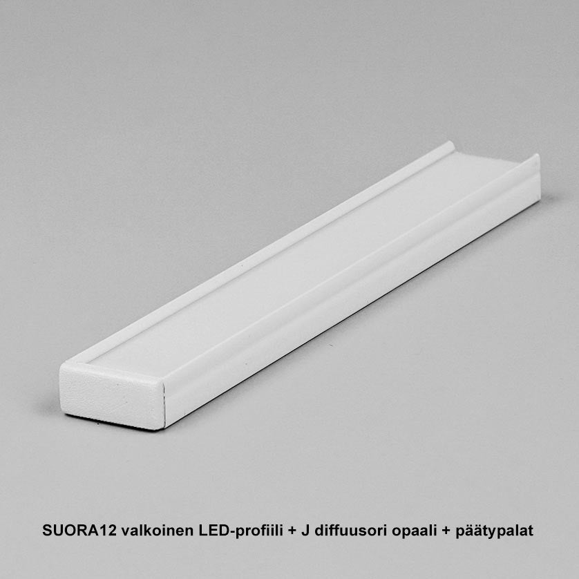 SUORA12 pinta-asennettava LED-profiili 2m, valkoinen alumiiniprofiili J-diffuusori opaalilla