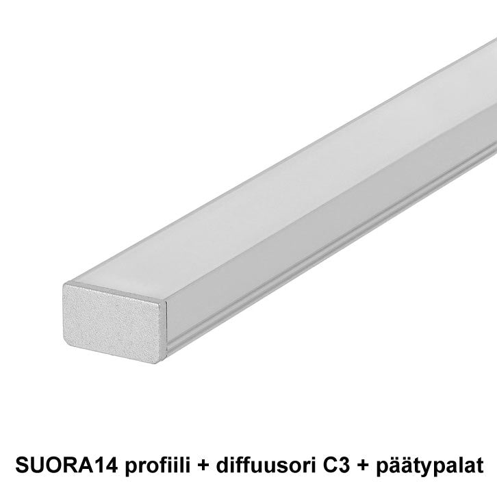 SUORA14 LED-profiili, diffuusiot C3 ja päätypalat, moderni LED-valaistusratkaisu.