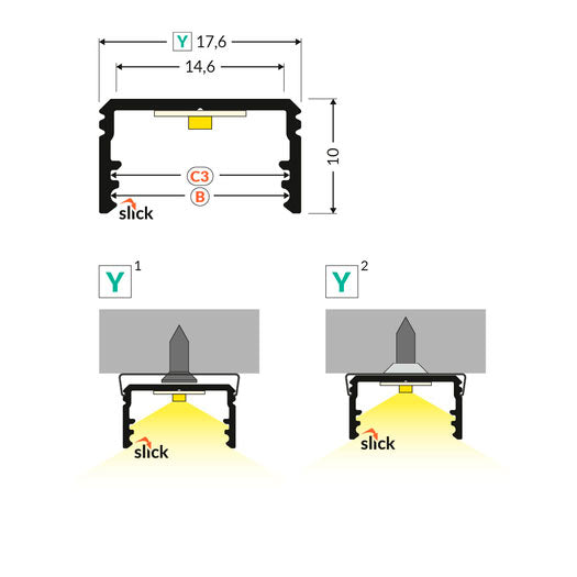 SUORA14 LED-profiili 2m tekniset mitat ja asennuskuvat, 17,6mm x 10mm LED-profiili