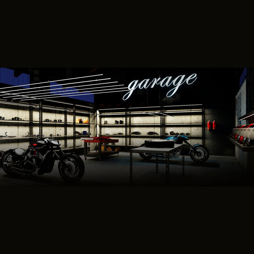 Tyylikäs garage-tila, jossa moottoripyörät ja hyllyt varusteille, moderni LED-valaistus.