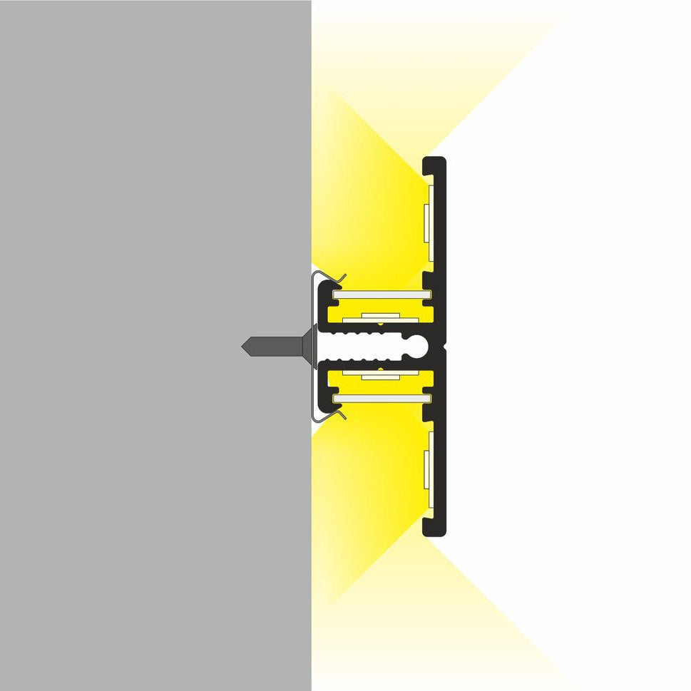 T-muotoinen LED-profiili valaisee kahteen suuntaan, kuvassa TAUSTA10 LED-profiili 2m.