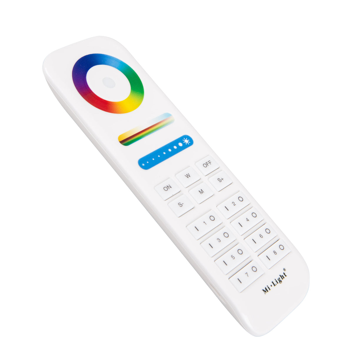 8-kanavainen RGB+CCT kaukosäädin älylampuille ja LED-nauhoille, valkoinen kauko-ohjain.