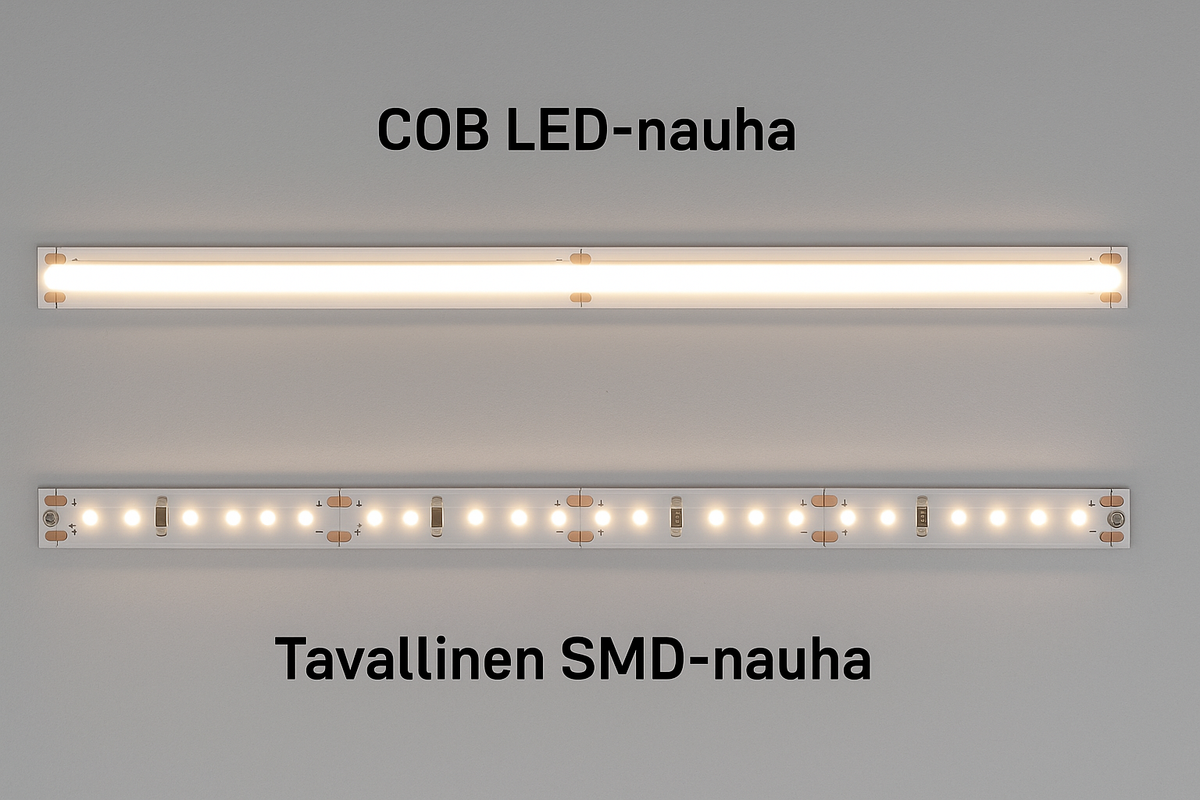 Kaksi eri tehoista LED-nauhaa rinnakkain valaistuna – vasemmalla tehokas COB-nauha, oikealla tavallinen SMD-nauha