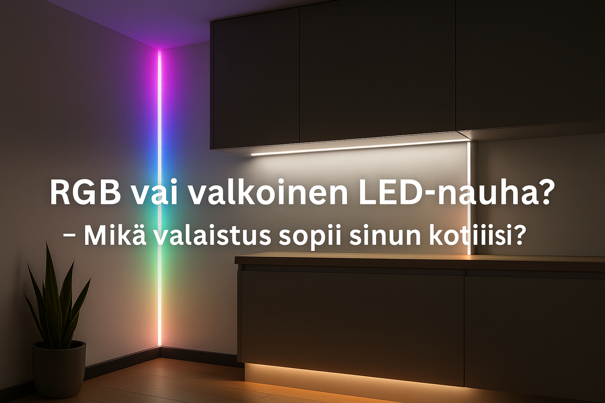 Moderni kodin sisätila, jossa näkyy eri tyyppisiä LED-nauhoja asennettuna ja valaistuna: RGB-värillinen nauha ja valkoinen LED-nauha