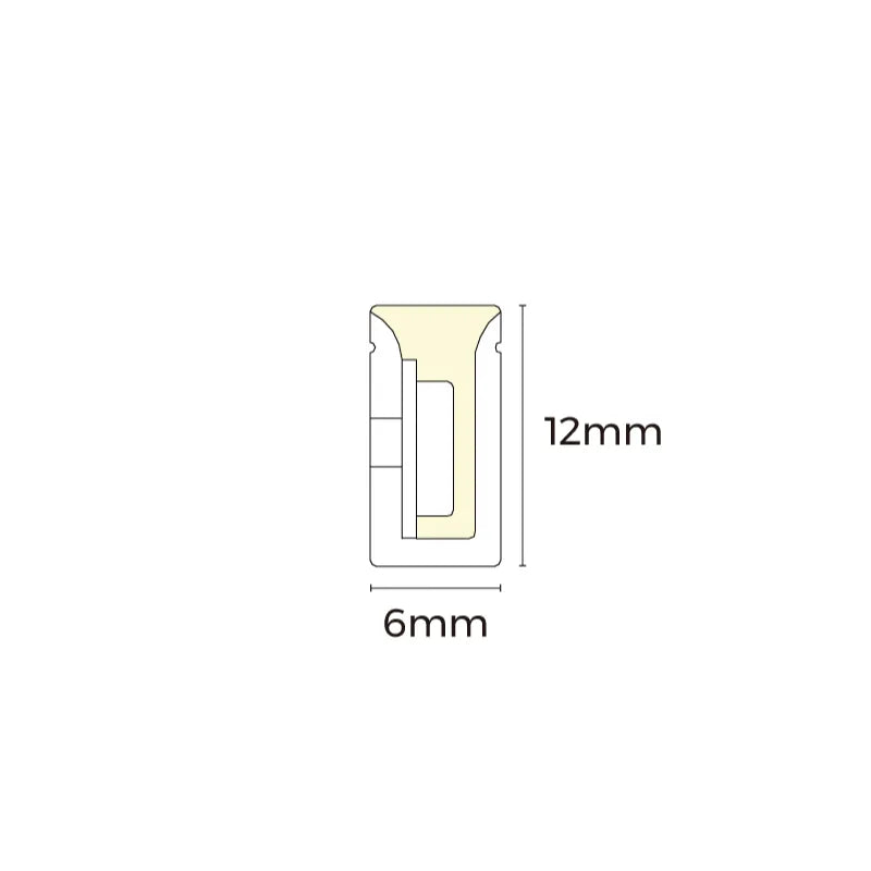 PISTEETÖN SAUNA LED-valonauha 2700K, mittakuva valonauhan liittimestä, mitat 6mm x 12mm.