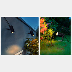Zigbee RGB CCT LED-puutarhavalaisin asennettuna seinälle ja puutarhaan, luoden moniväristä valoa.