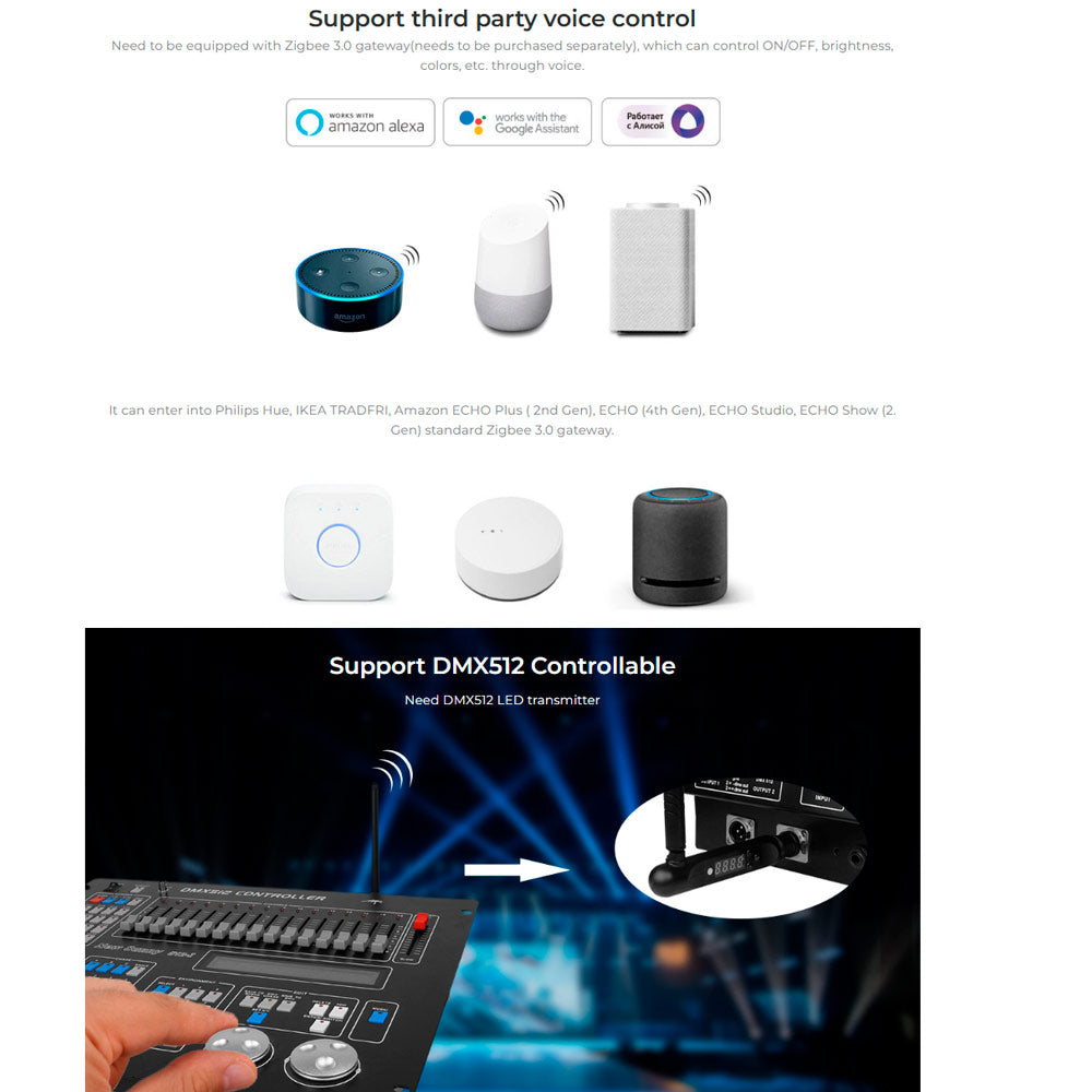 Support for third party voice control with Zigbee 3.0, including Amazon Alexa, Google Assistant, DMX512 control.
