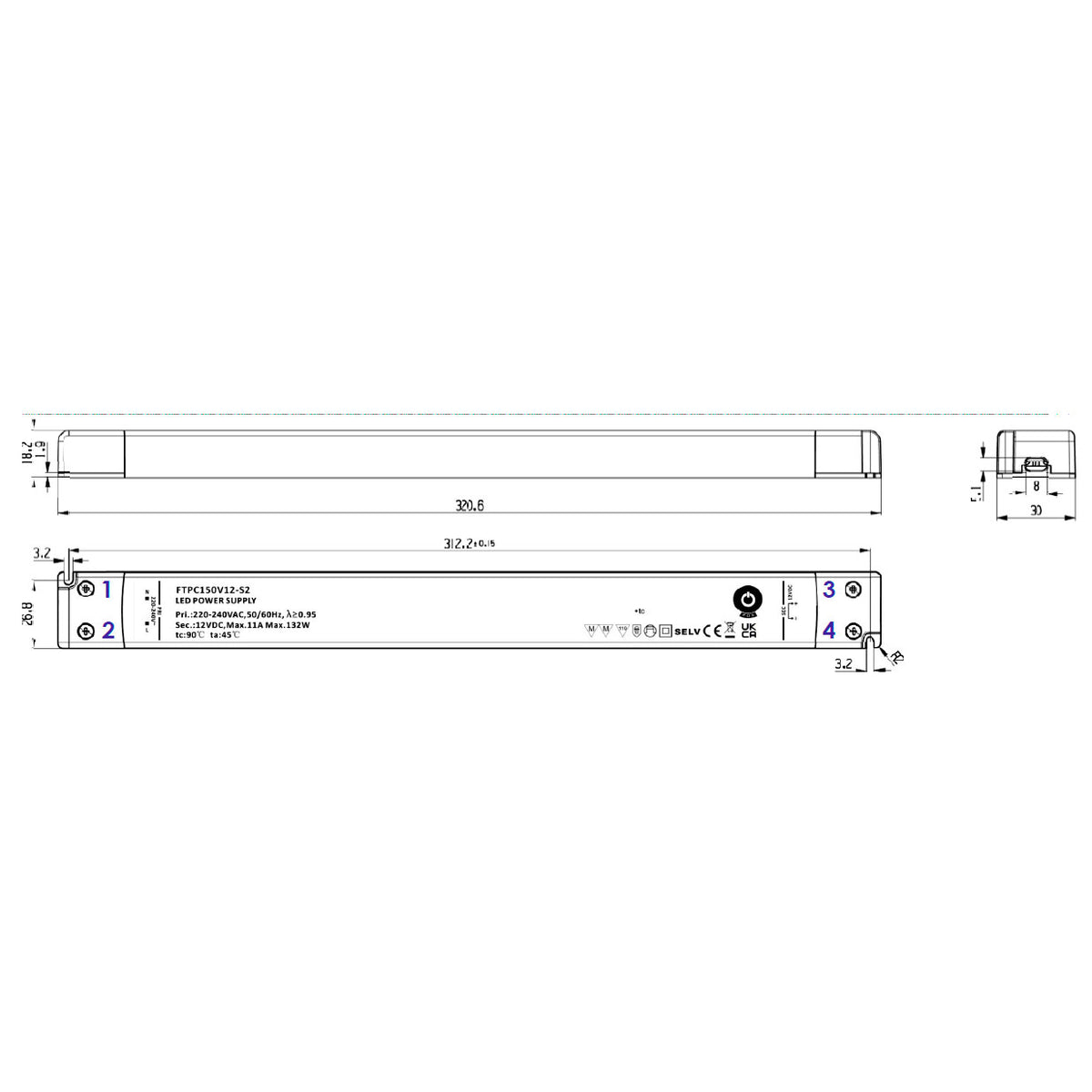 132W 12V LED-muuntaja SLIM, tekniset tiedot ja mitat