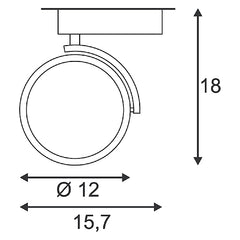 KALU TRACK LED-valaisin GU10 1-vaihekiskoon, valaistuksen mitat: Ø 12 cm, korkeus 18 cm.