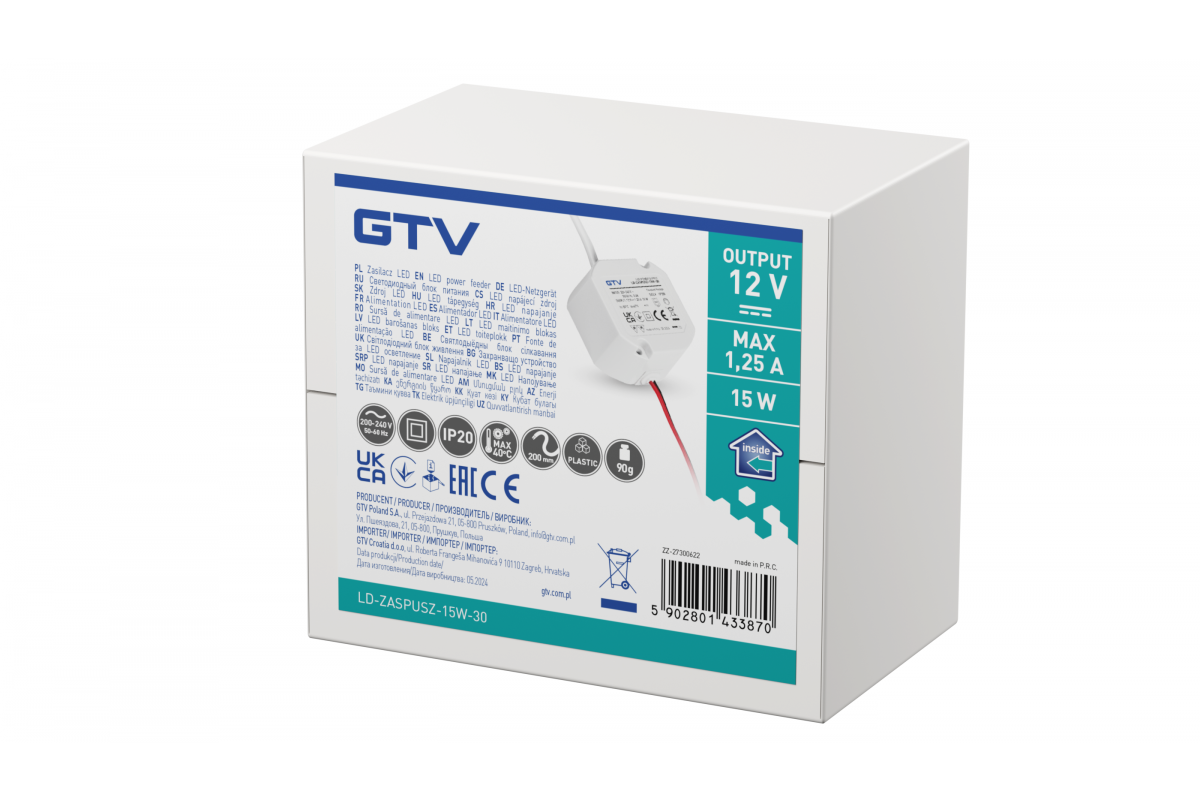 15W 12V LED-muuntaja GTV-pakkauksessa, jossa on 12V ulostulo ja 15W teho