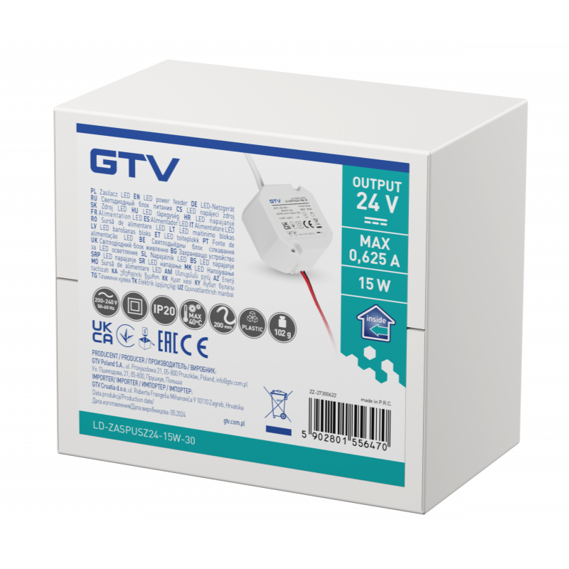 15W 24V LED-muuntaja kattokuppiin, pieni LED-vakiojännitelähde, IP20, 15 W, turvallinen käyttö sisätiloissa.
