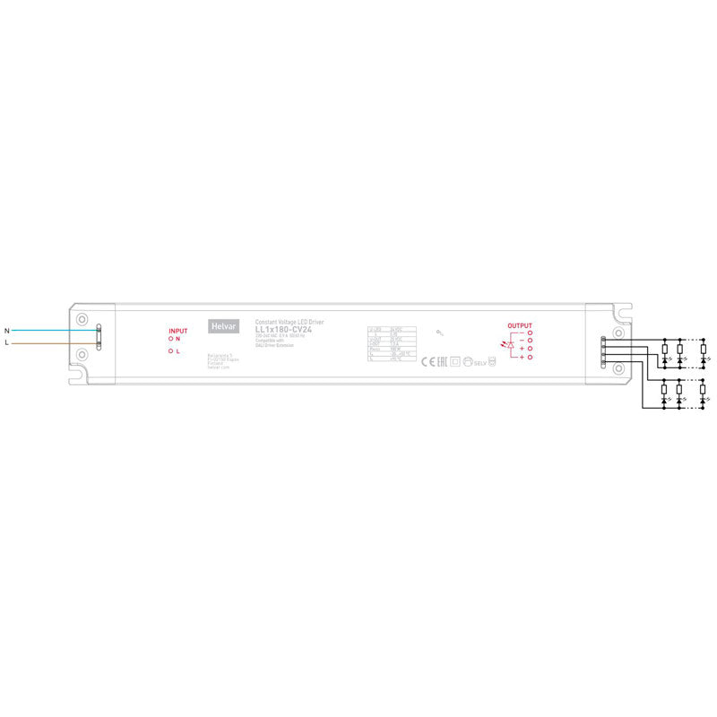 180W 24V LED-muuntaja HELVAR, kuvitus, jossa näkyvät liitännät ja tekniset tiedot.
