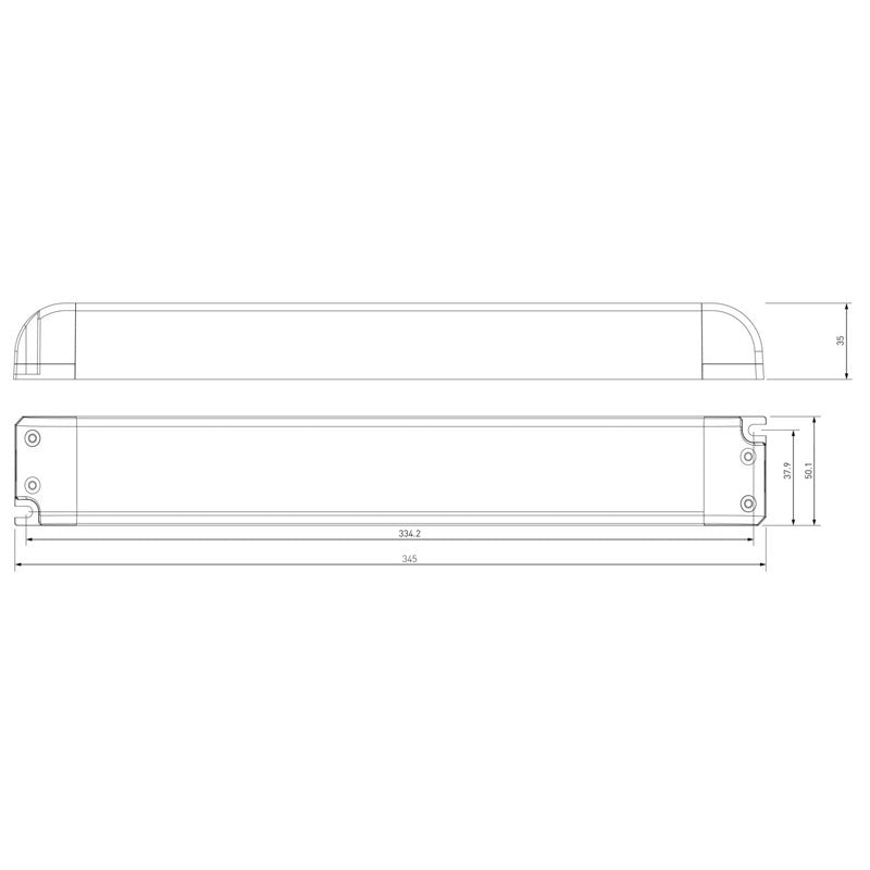 180W 24V LED-muuntaja tekninen piirustus, mitat 365x95x51 mm.