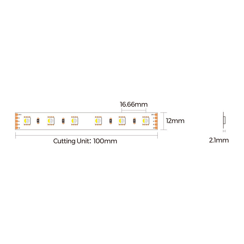 RGBW LED-nauha 3500K mitat: 16,66mm leveys, 12mm korkeus, 2,1mm paksuus, leikattava 100mm välein.