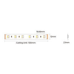 RGBW LED-nauha 3500K mitat: 16,66mm leveys, 12mm korkeus, 2,1mm paksuus, leikattava 100mm välein.
