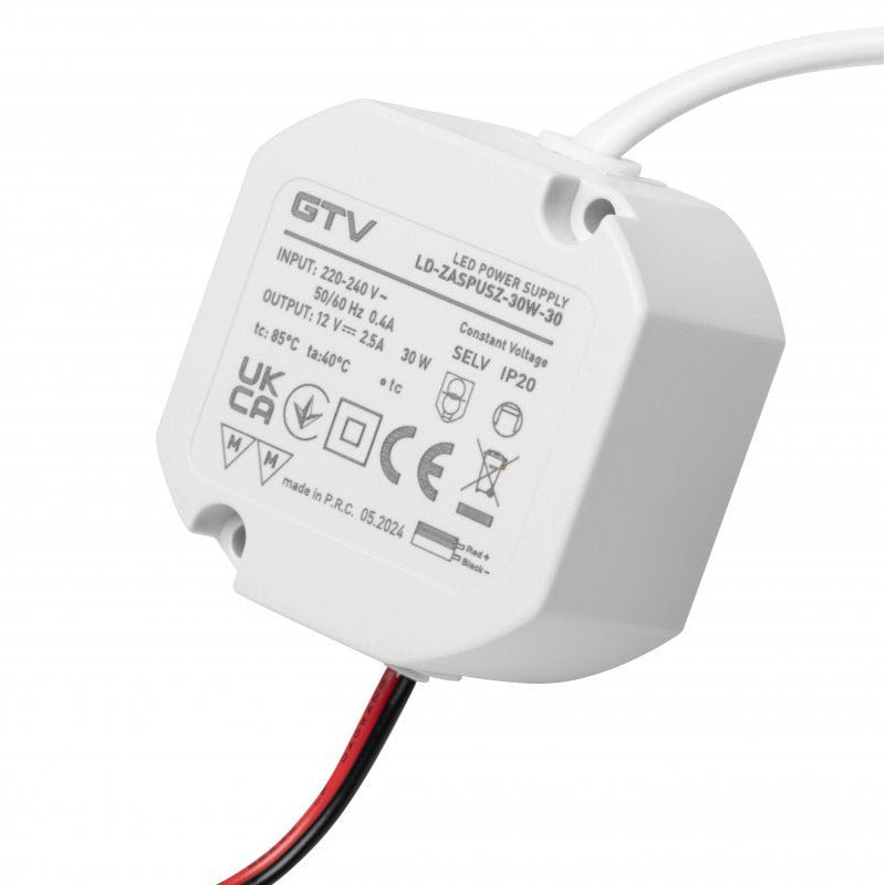 30W 12V LED-muuntaja kattokuppiin, kompakti virtalähde LED-valoille, IP20, asennus sähkörasiaan.