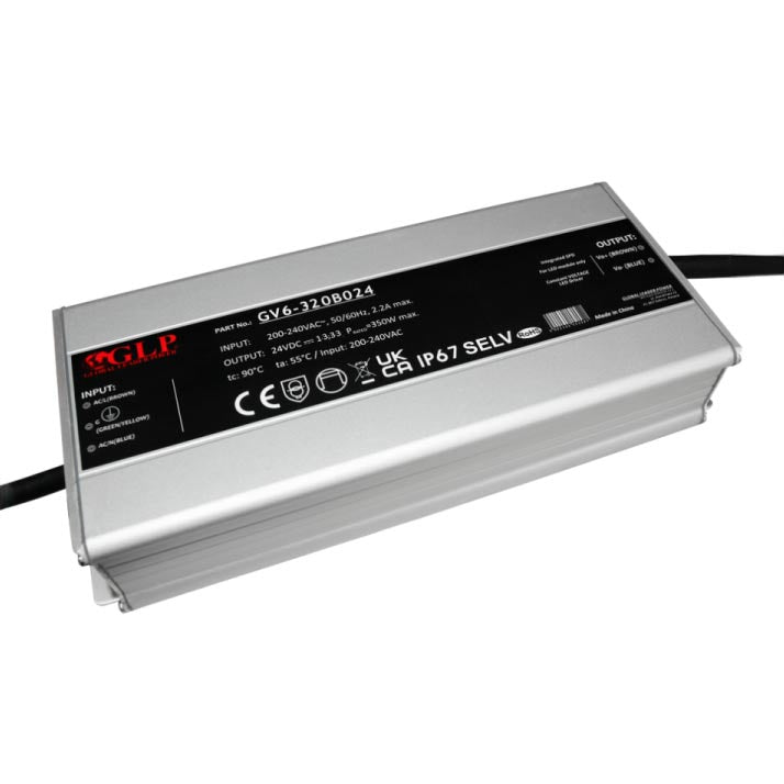 320W LED-virtalähde IP67, alumiininen, aktiivinen PFC-toiminto, ylikuormasuoja, oikosulkusuoja.