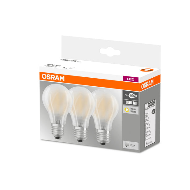 E27 LED-lamppu 2700K Osram kolmen kappaleen pakkauksessa, lämmin valonsävy 806lm