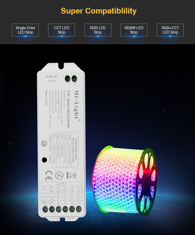 5in1 LED ohjain RGB CCT ja värikäs LED-nauha, Super-yhteensopivuus monille nauhoille.