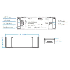 TRIAC himmennettävä LED-muuntaja, tekniset tiedot, mitat ja liittimet, 75W 24V