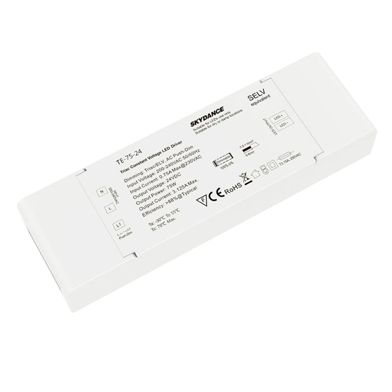 TRIAC himmennettävä LED-muuntaja, 75W 24V, ylijännitesuoja, ylikuumenemissuoja, Push-Dim himmennettävä