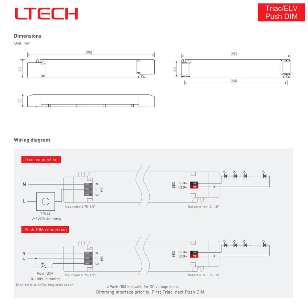 75W 24V LED-muuntaja, Triac- ja Push DIM -kytkentäkaavio ja mitat