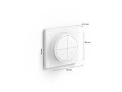 Philips Hue Tap Dial Switch design showing dimensions with wall-mounted wireless control for smart lighting.