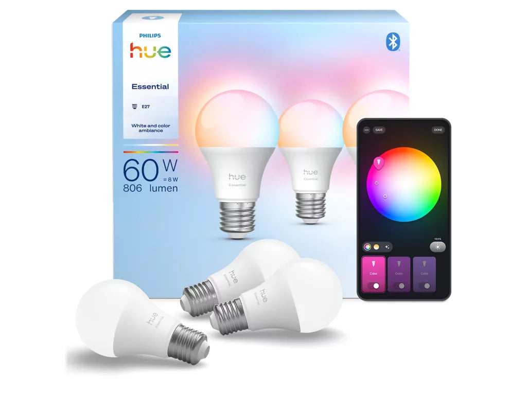 Philips Hue E27 älylamppu – White and Color Ambiance, 806 lm, 3 kpl pakkaus ja ohjauspaneeli.