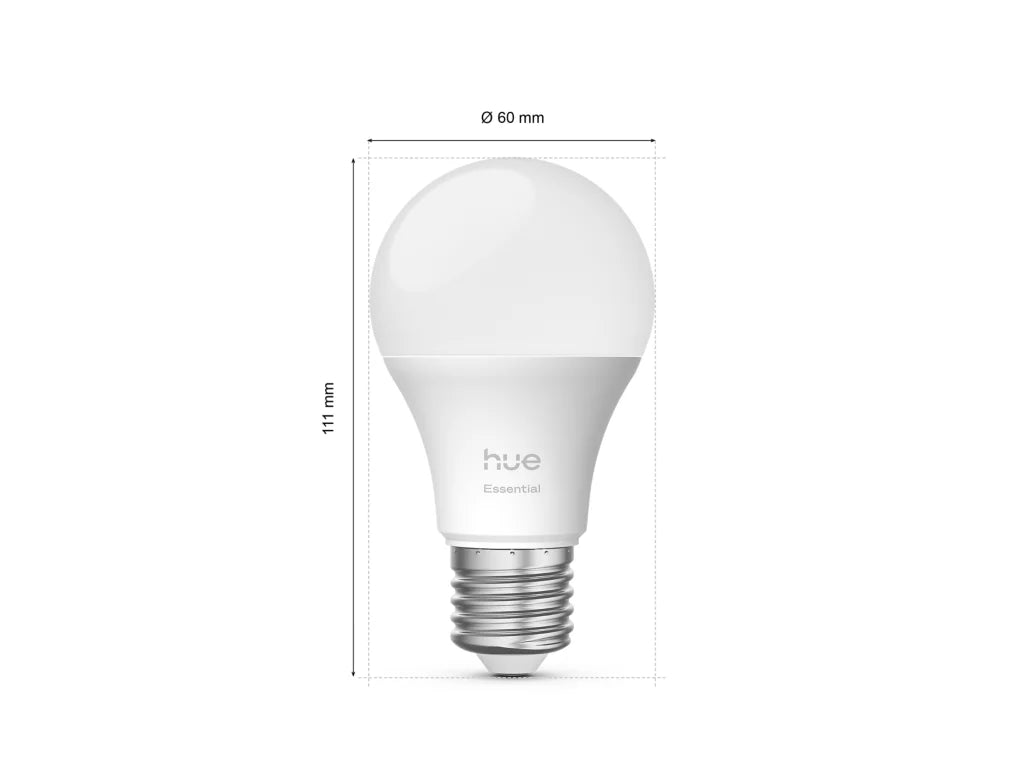 Philips Hue E27 älylamppu, valkoinen LED-lamppu, mitat 60 mm x 111 mm, tehokkuus 806 lm.