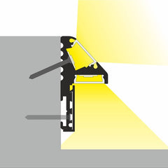 ASKEL10 LED-profiilin päätypalat asennettuna, kuva LED-valon suuntaamisesta profiilissa.