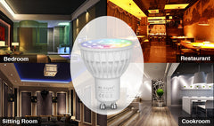 äly GU10 RGB LED-polttimo eri sisustustiloissa, kuten makuuhuoneessa ja ravintolassa.