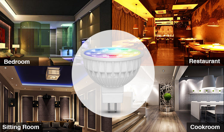 4W GU5.3 äly LED-lamppu RGB CCT erilaisissa sisätiloissa kuten makuuhuoneessa, ravintolassa ja keittiössä.