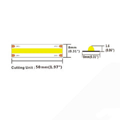 COB LED-valonauhan mitat ja leikkausyksikkö, 8mm leveä, 24V, pisteetön COB LED-valonauha 24V.