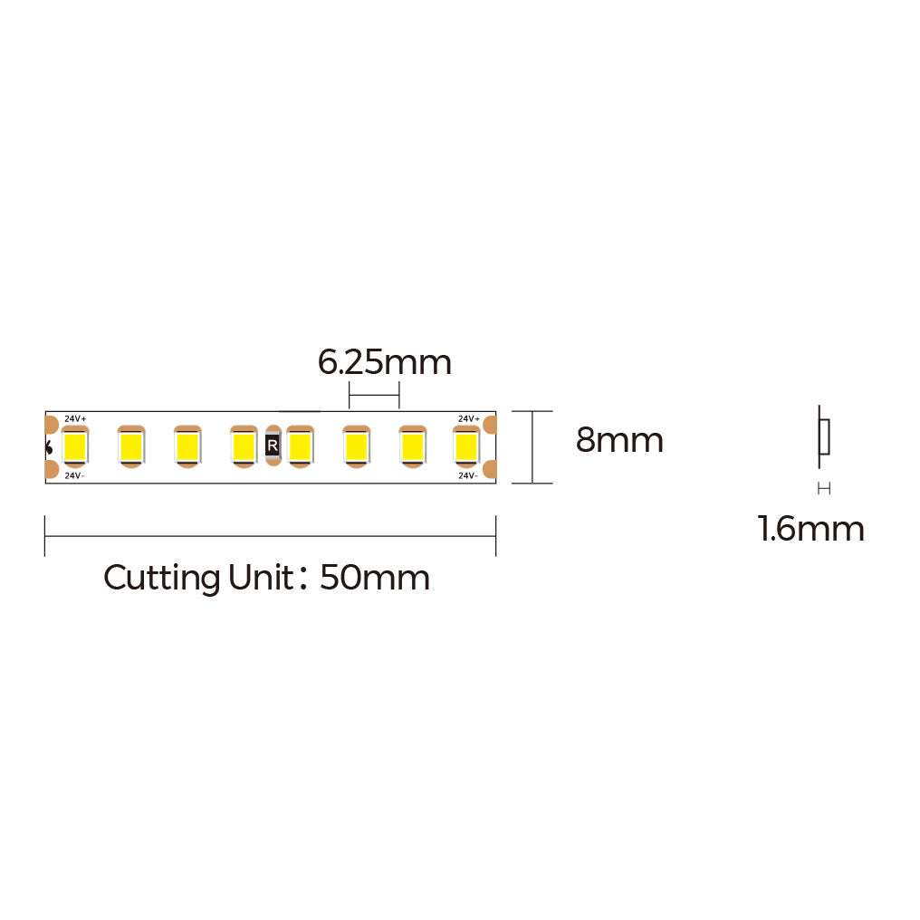 14,4W/m 24V LED-valonauha, korkea värintoistokyky LED-valonauha, leveyttä 8mm, leikkausyksikkö 50mm.