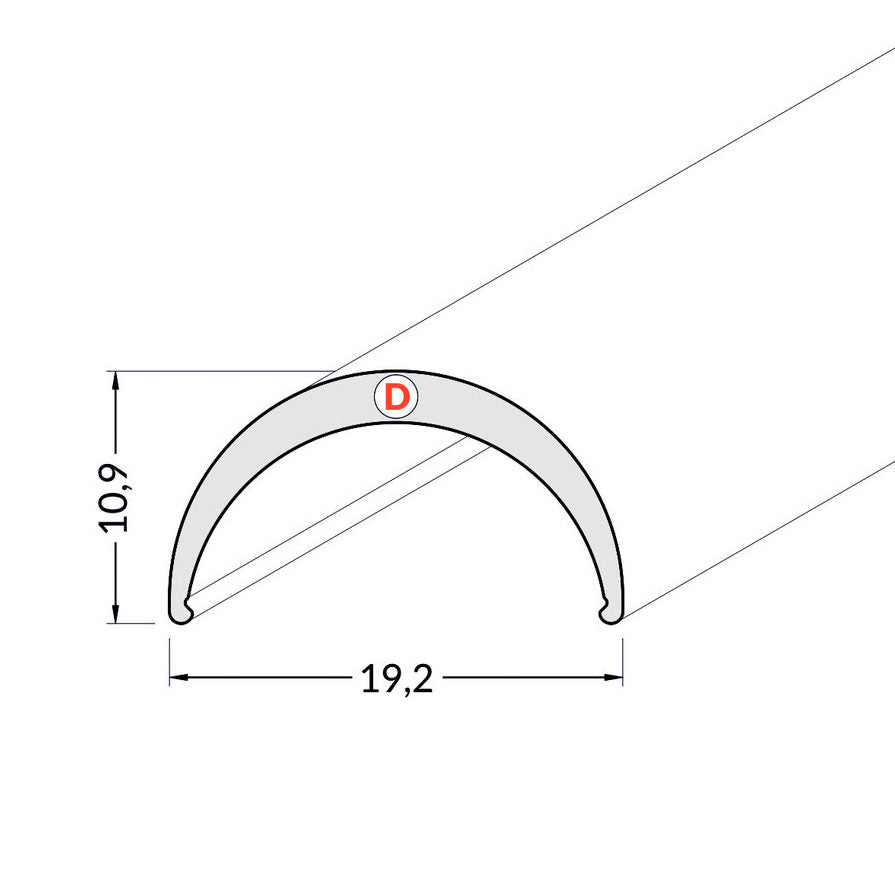 Diffuusori D, 2m kaareva kansi LED-profiiliin mitat 19,2mm x 10,9mm
