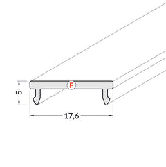 LED-profiilin diffuusori, malli F, mitat 17,6mm x 5mm, käytetään 1m Click-kannessa.