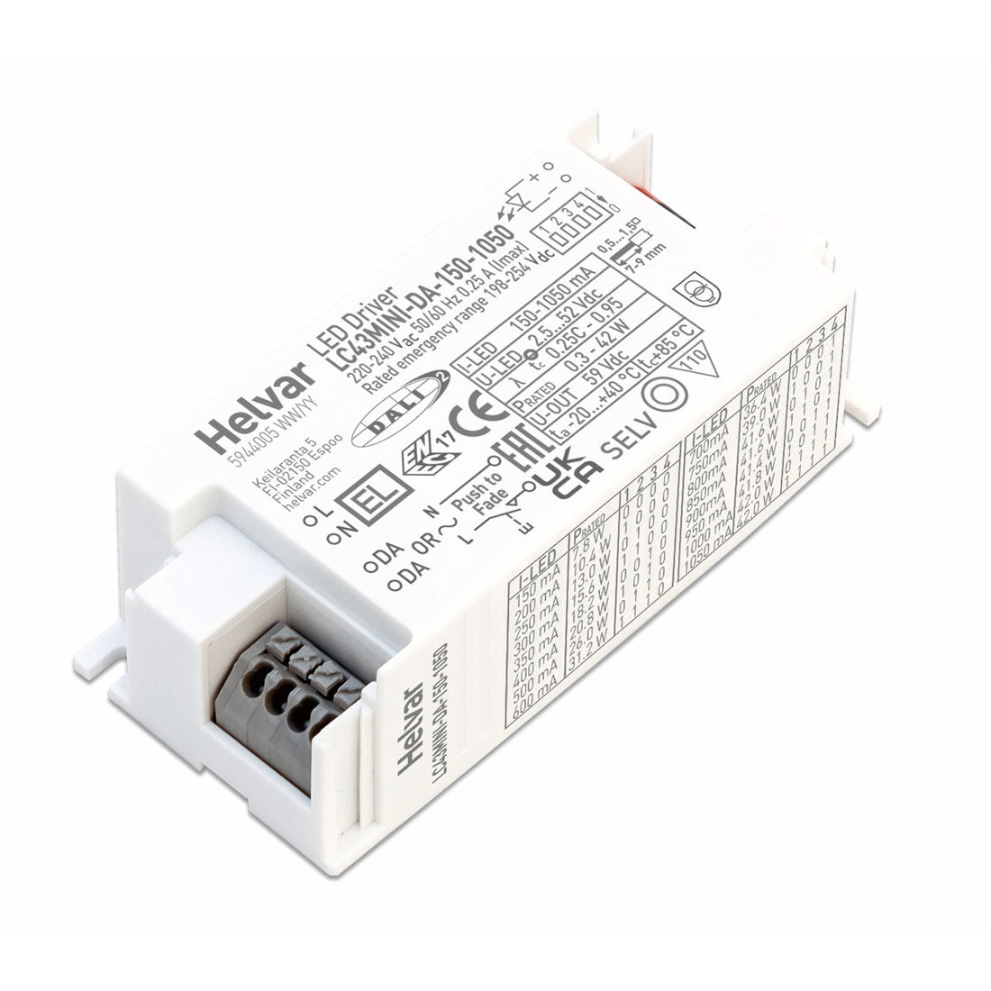 DALI-2 vakiovirtateholähde 150-1050mA, HELVAR LC43MINI-DA-150-1050 LED-liitäntälaite