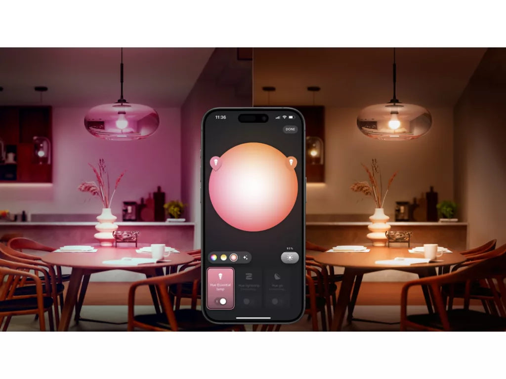 Philips Hue E27 älylamppu ohjaus älypuhelimella, näyttö valaistuksen säätämisestä modernissa kodissa.
