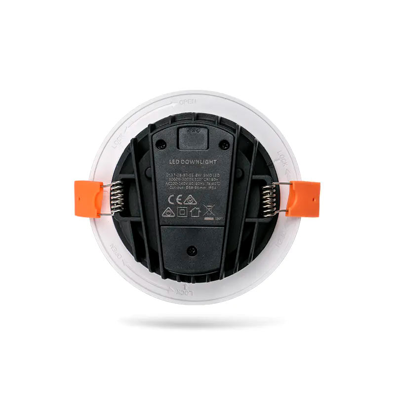 Himmennettävä LED-alasvalo 8W, takaosa, kytkentä- ja turvatiedot näkyvissä.