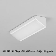 kulma-LED-profiili 2m, KULMA16 LED-profiili, diffuusori C6 ja päätypalat