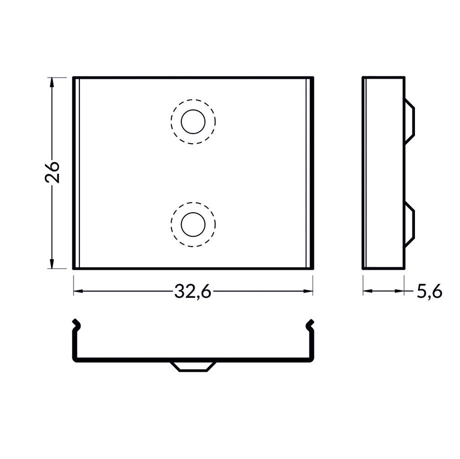 Kiinnitysklipsit LED-profiilille mitat: 32,6mm x 26mm x 5,6mm, kaksi reikää kiinnitykseen.