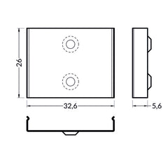Kiinnitysklipsit LED-profiilille mitat: 32,6mm x 26mm x 5,6mm, kaksi reikää kiinnitykseen.