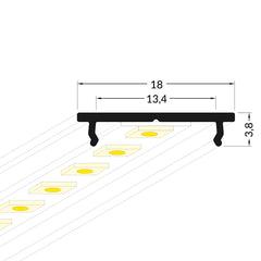 PERUS12 alumiinilista LED-nauhalle 2m, mitat 18mm x 3,8mm, suunniteltu LED-nauhan jäähdyttämiseen.